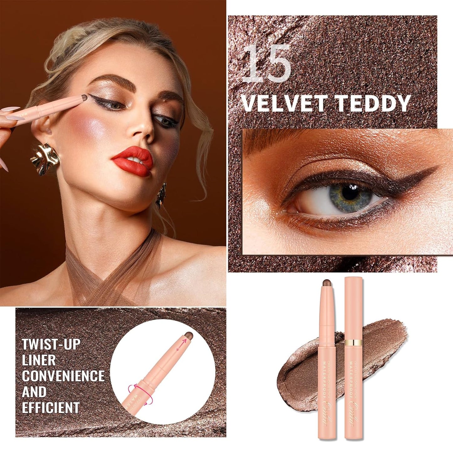 Oulac Brown Eyeshadow Pencil – Twist-Up Creamy Crayon, Waterproof Long Lasting Eye Makeup, Vegan & Cruelty-Free Eye Makeup, 1.25g, 15 Velvet Teddy