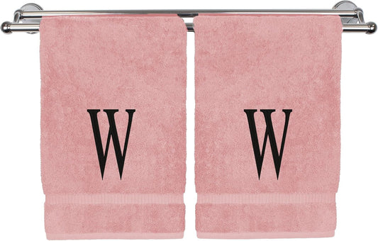 Monogrammed Hand Towel, Personalized Initial Gift, Extra Absorbent 100% Turkish Cotton - Soft Terry Finish - Set of 2 - Black Block Initial W - Embroidered on Pink Towels