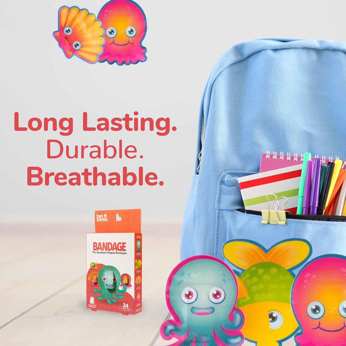 BioSwiss Kids Bandages, Aquateam Sea Creatures Shaped Self Adhesive Bandage Set, Latex Free, Sterile Wound Care, 24 Count