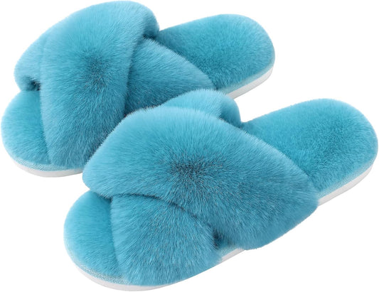Evshine Women's Fuzzy Slippers Cross Band Memory Foam House Slippers Open Toe