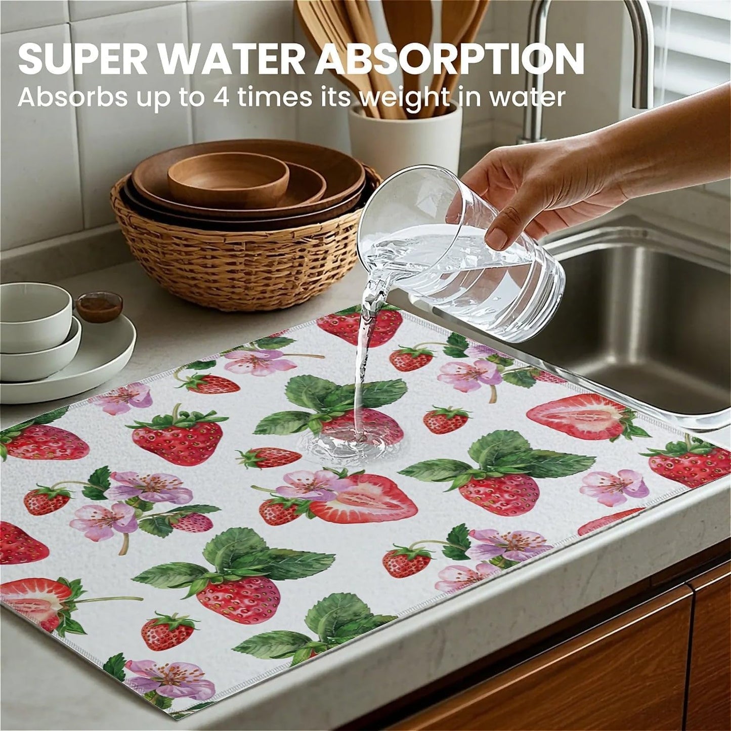 Dish Drying Mat For Kitchen Counter, Cute Watercolor Strawberries Microfiber Absorbent Dish Drainer Rack Pad Reusable Large 18x24in Drying Mat
