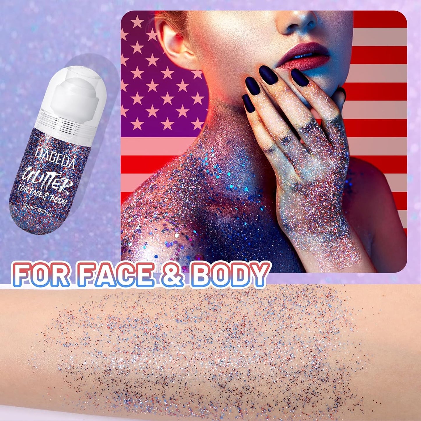 DAGEDA Red White and Blue Body Glitter Gel, Roll-on Face Glitter for USA Pride Day, 4th of July Women Costume Accessories,Patriotic Glitters President's Day, Holographic Festival Makeup