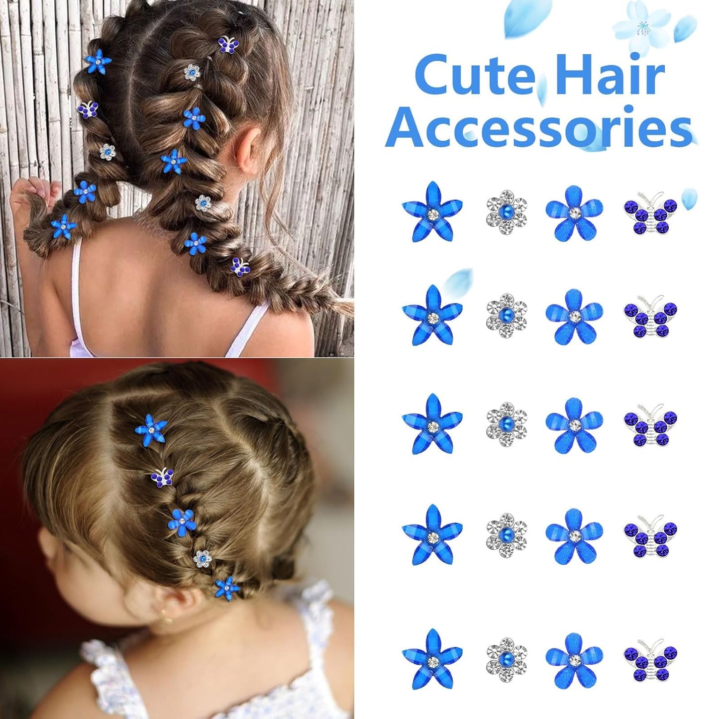 YISSION 20 Pcs Mini Dark Blue Floral Butterfly Hair Clips - Rhinestone Hair Pins & Barrettes for Girls & Women - Wedding & Bridal Hair Accessories