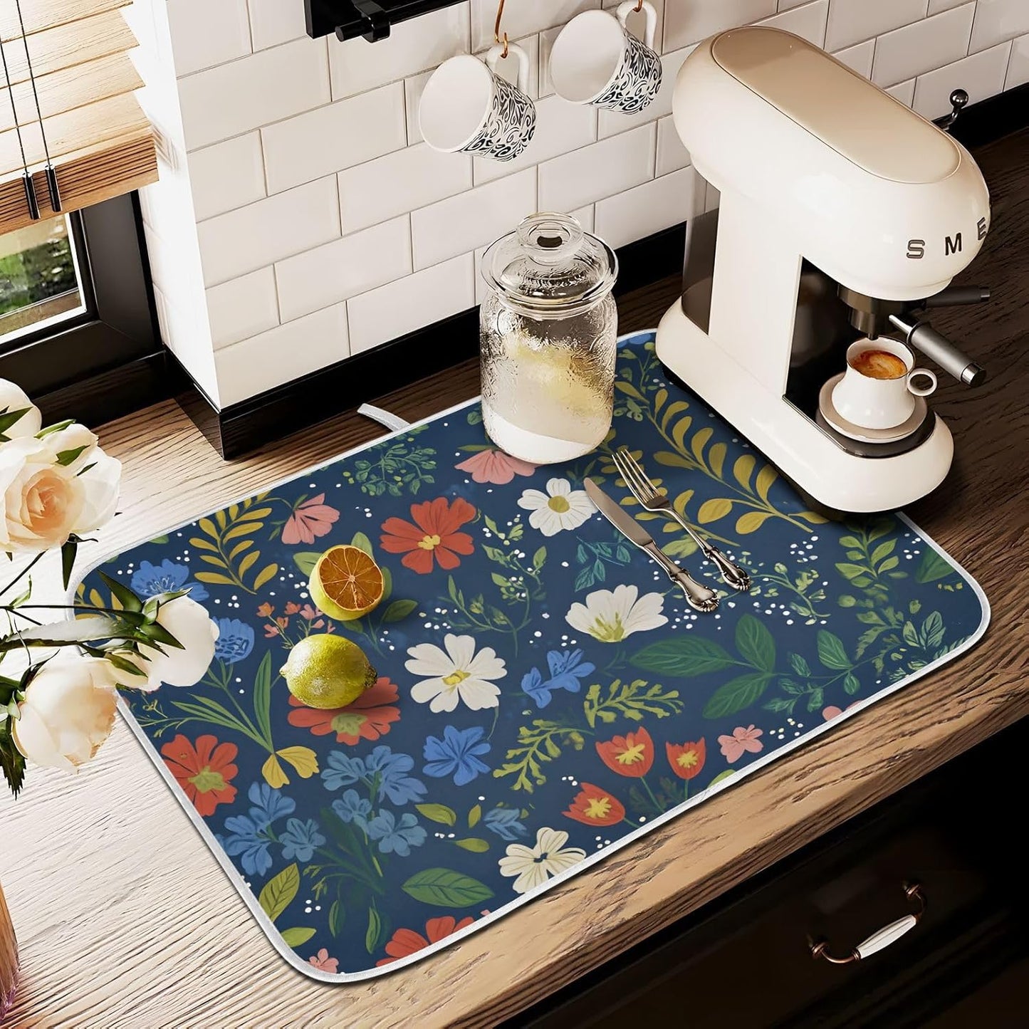 Wildflowers Dark Blue Dish Drying Mats for Kitchen Counter Absorbent Microfiber Dish Drying Matt 16 x 18 Inch Draining Reusable Rack Pad