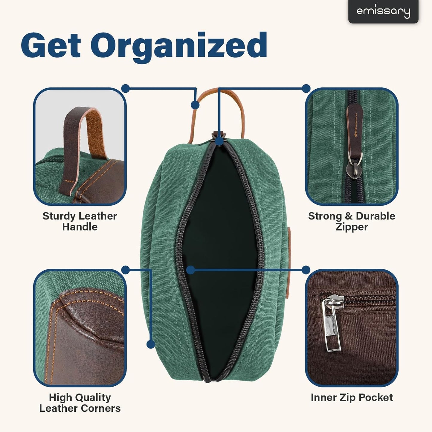 emissary Men's Toiletry Bag, Leather and Canvas Travel Toiletry Bag, Dopp Kit for Men, Travel Bathroom Bag Men's Shaving Kit, Travel Kit Small Bags for Men, Shaving Bag for Travel Accessories (Green)