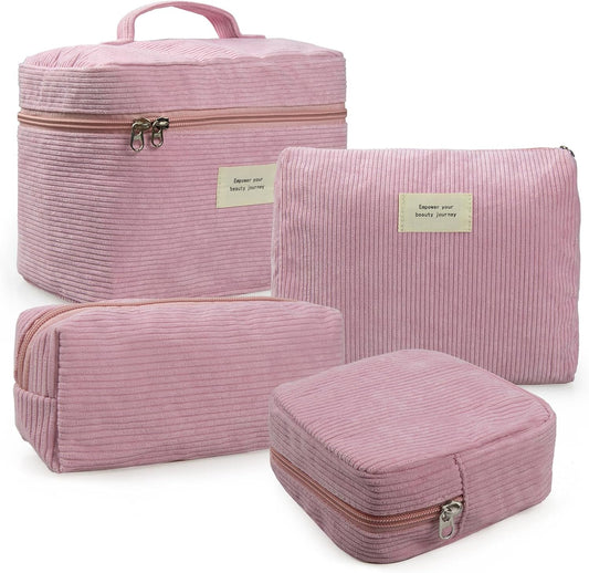 4 Pcs Makeup Bag for Women Corduroy Cosmetic Bag Aesthetic Cute Bags Multi Size Purse Pouch Travel Toiletry Bag Set Makeup Organizer with Zipper(Pink)
