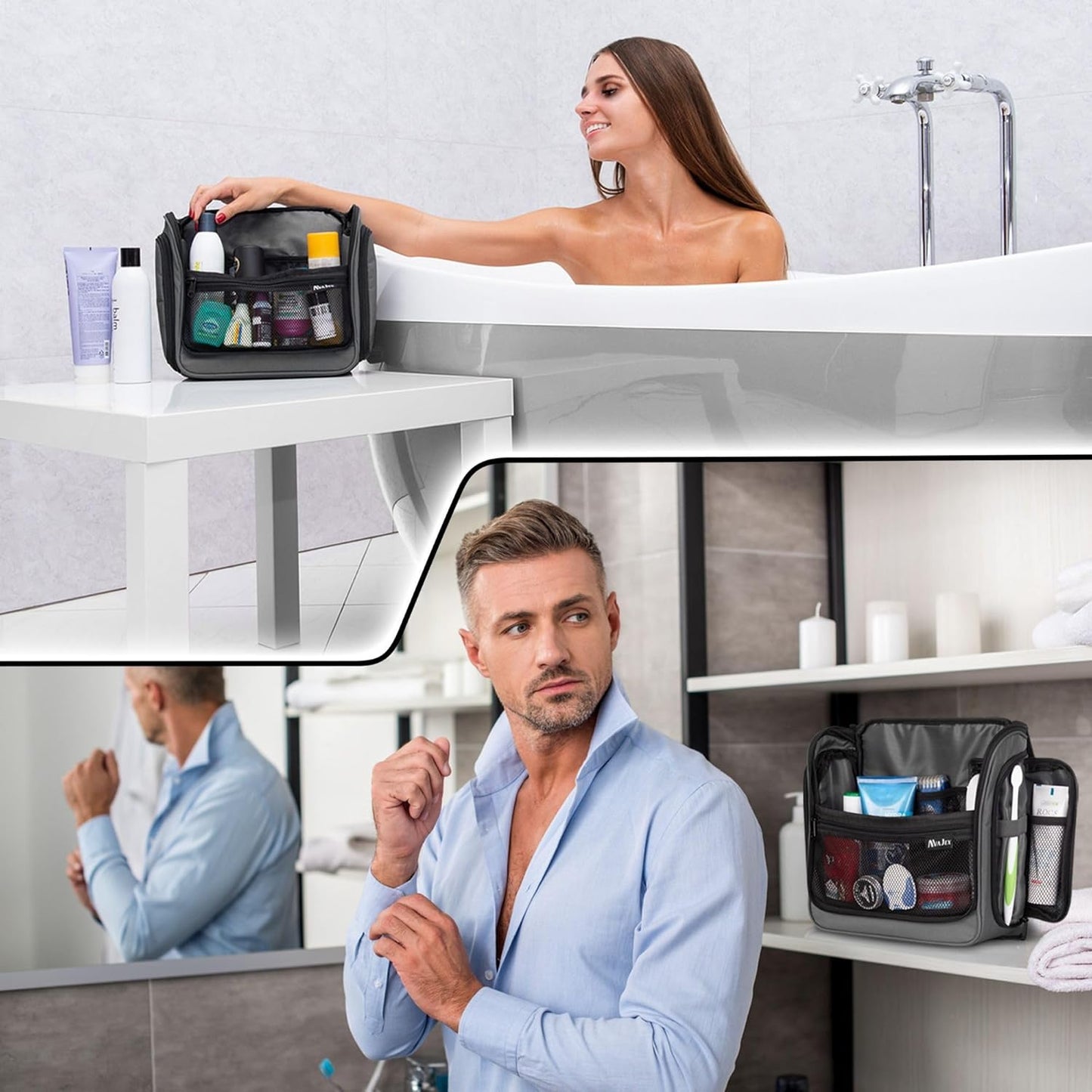 Travel Toiletry Bag for Men and Women - (10.6”x10.6”x3.2”) Large Hanging Toiletry Organizer - Waterproof Hygiene Bag with Metal XXL Swivel Hook, with Sturdy Zippers and 19 Compartments for Toiletries