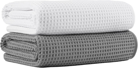 New Microfiber Waffle Bath Towels, 2 Pieces, Oversized, Soft, Absorbent, Fast Drying, Lint Free (Gray+White)