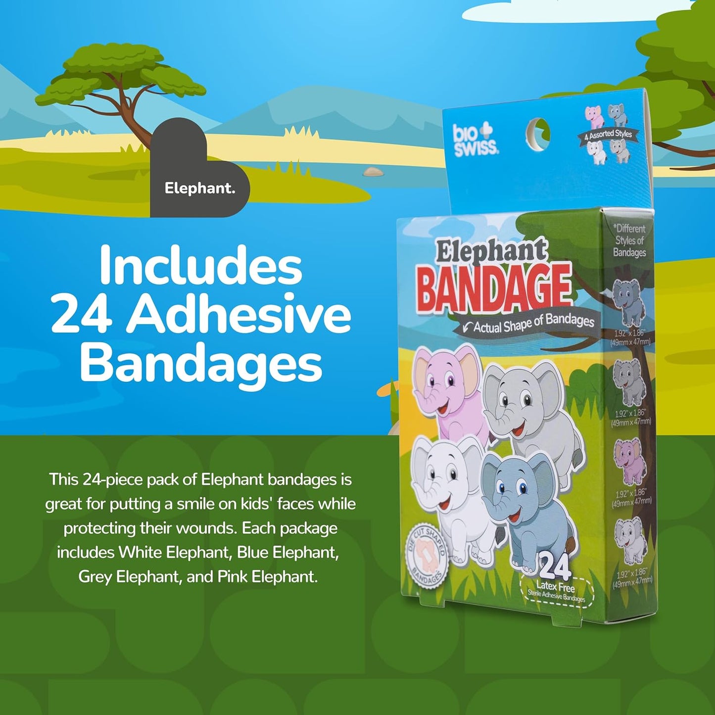 BioSwiss Kids Bandages, Elephant Shaped Self Adhesive Bandage, Latex Free, Sterile Wound Care, 24 Count