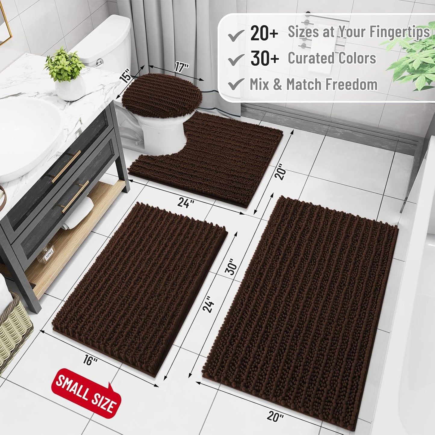 Arotive Luxury Chenille Bathroom Rug Mat, Extra Soft Thick Absorbent Shaggy Bath Rugs, Non-Slip Machine Wash Dry, Plush Bath Mats for Bathroom, Shower and Tub, 30x17, Brown