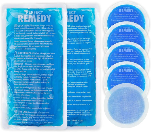 Perfect Remedy Rectangle (Blue, Regular) & Round Gel Ice Pack (5pcs) Bundle, Hot & Cold Ice Packs for Injuries Reusable for Body Tension & Muscle Pain Relief – Soft, Flexible & Adapts to Any Area