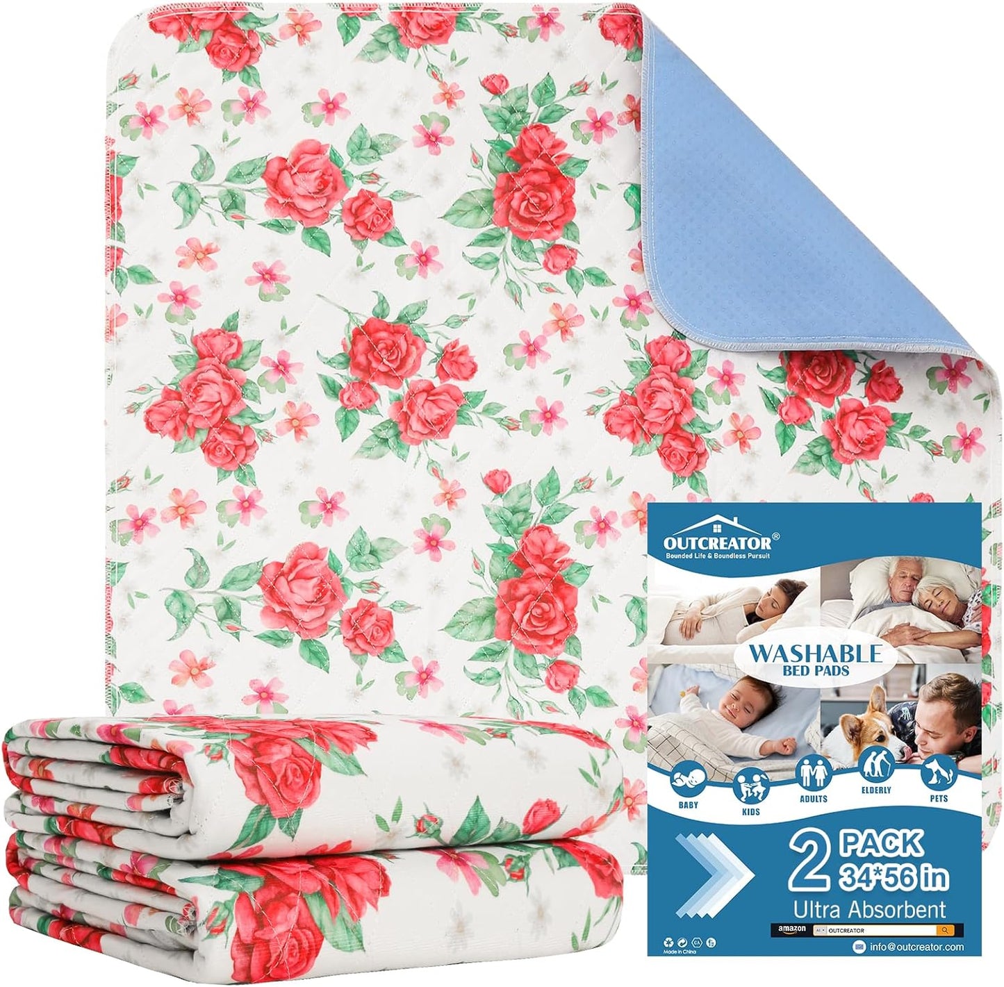 OUTCREATOR® Washable Bed Pads 56" x 34" (Pack of 2), Incontinence Mattress Protector, Anti-Slip Waterproof Underpads for Adults Kids Elderly Pets, Absorbency & Reusable Bedwetting Pads (White)