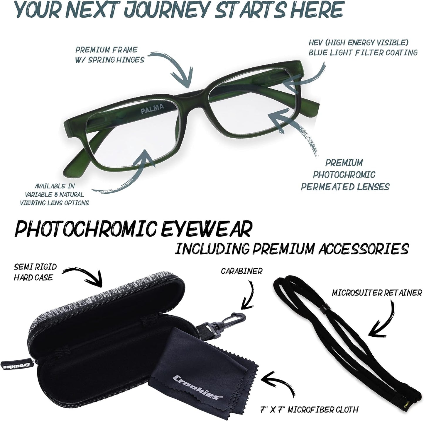 Croakies Palma Photochromic Eyewear | UV400 Sunglass and Bluelight Protective Eyeglass For Outdoor and HEV Devices | Bundle