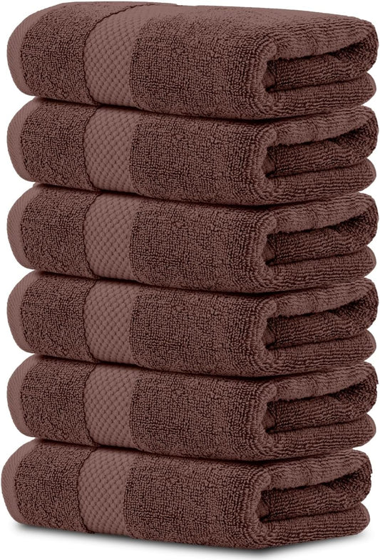 White Classic Luxury Brown Hand Towels - Soft 100% Turkish Cotton | Highly Absorbent Hotel spa Bathroom Towel Collection | 16x30 Inch | Set of 6