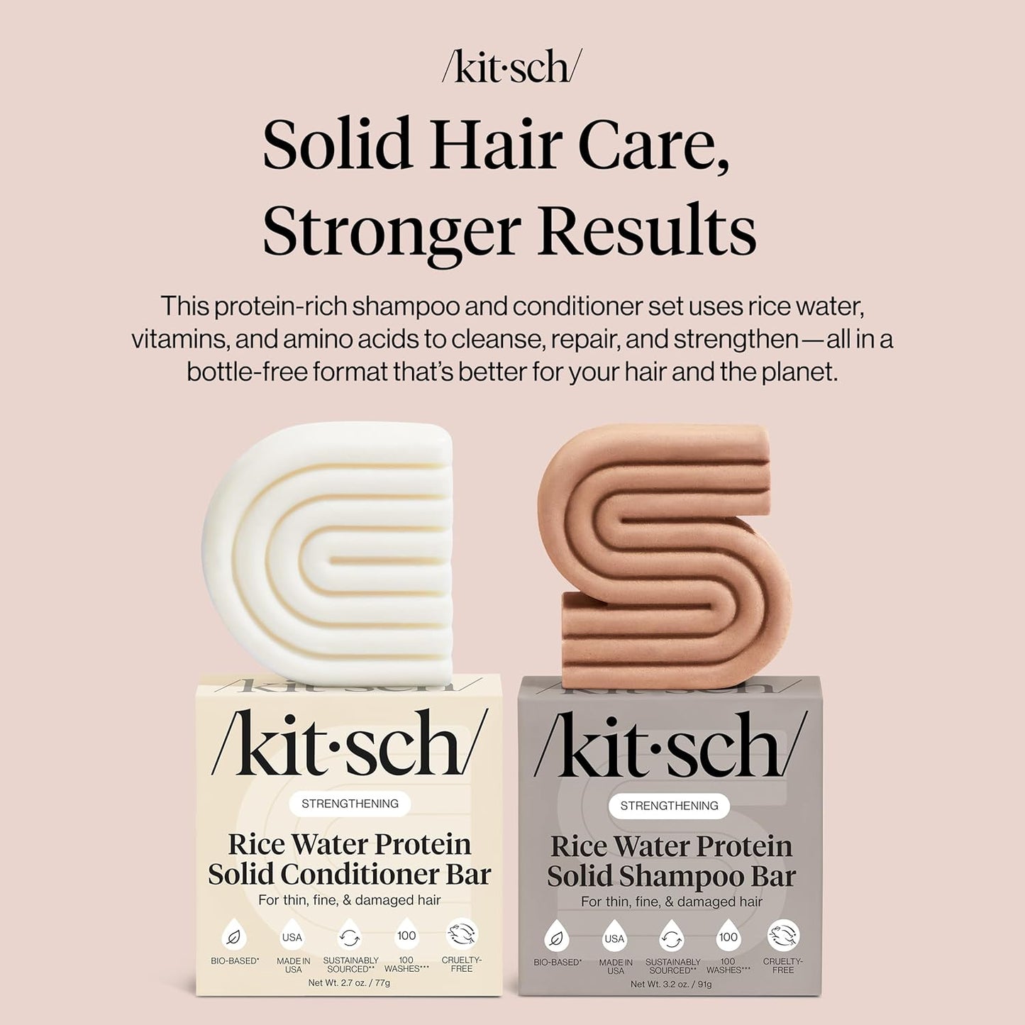 Kitsch Rice Water Protein Solid Shampoo and Conditioner Set for Hair Growth – Strengthening Hair Care Duo w/Rice Protein & Vitamins for Damage Repair – Paraben, Sulfate & Silicone Free, Made in USA
