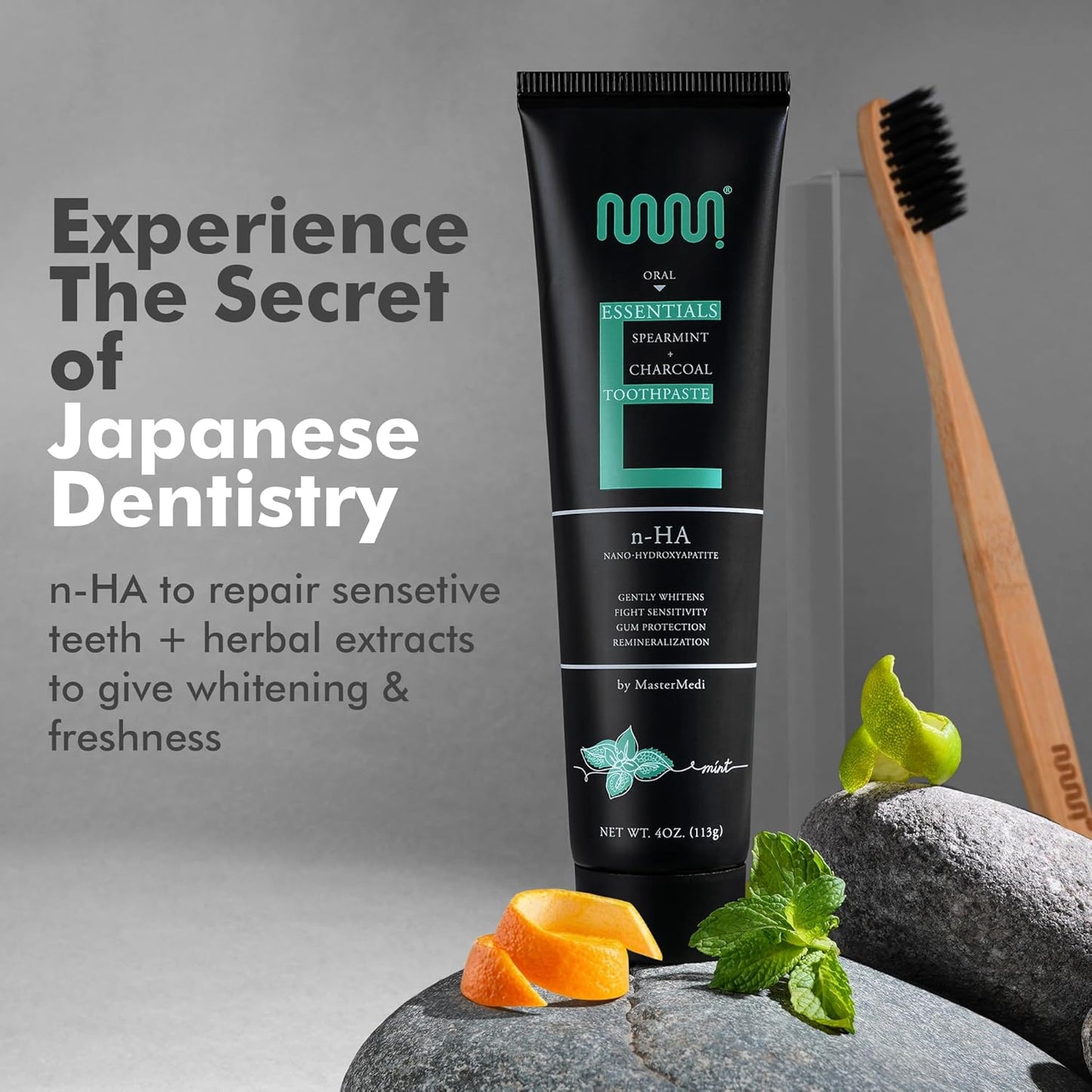 MasterMedi Nano Hydroxyapatite Toothpaste (Inspired by 10% nHA Formulas), Fluoride-Free, Charcoal Whitening, Sensitive Teeth Care, Enamel Support, SLS-Free, Xylitol, Citrus Mint, 4 Oz (Pack of 2)