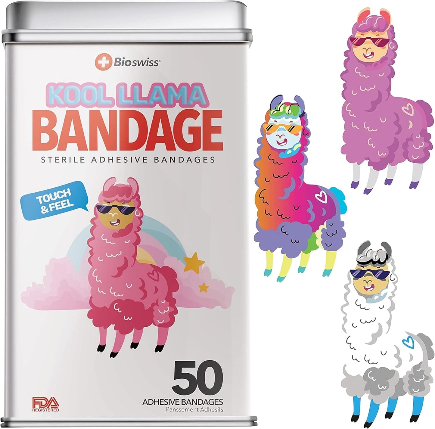 BioSwiss Kids Bandages, Llama Shaped Self Adhesive Bandage Set, Latex Free, Sterile Wound Care, 50 Count