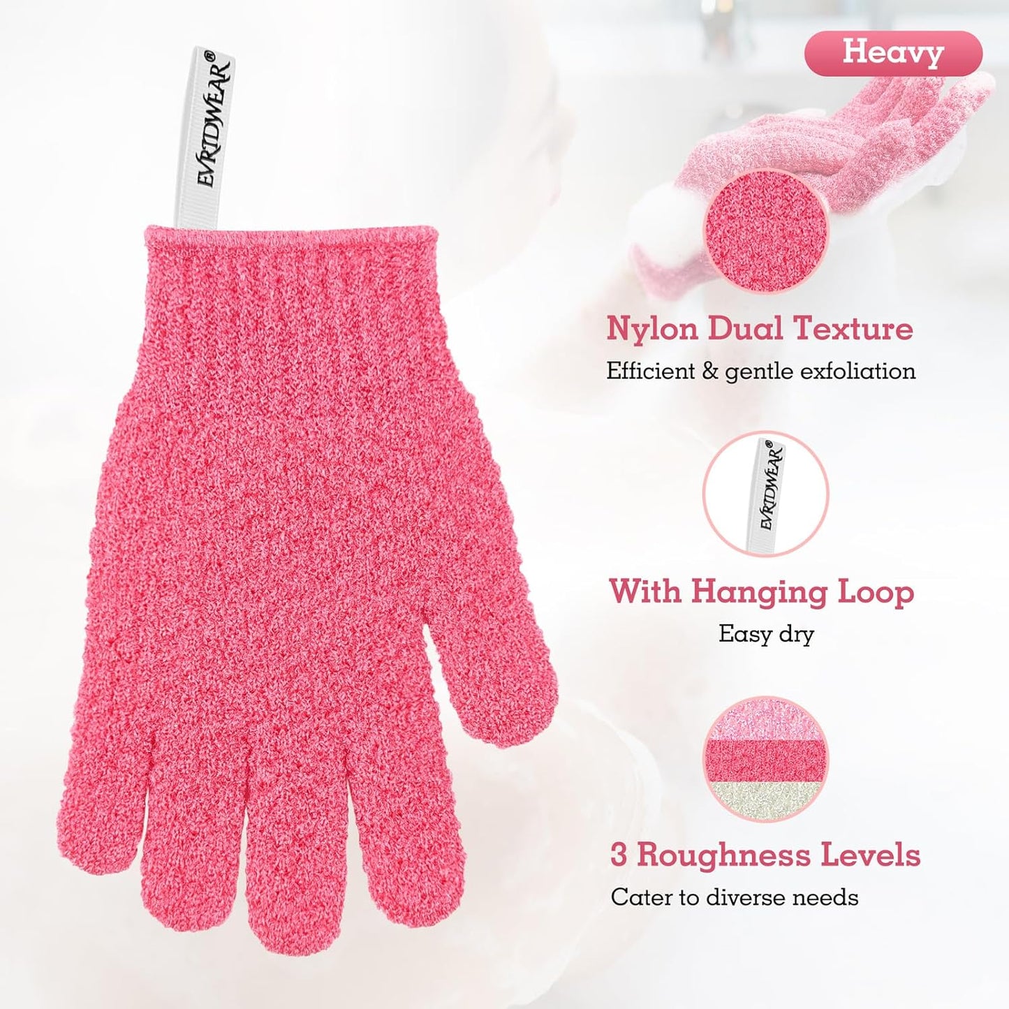 Evridwear Exfoliating Gloves for Shower, 100% Nylon Thick Soft Medium Heavy Bathing Gloves Dead Skin Remover Body Scrubber Smooth Skin with Hang Loop, 3 Pairs Heavy Hot Pink