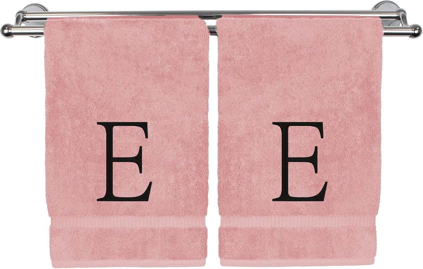 Monogrammed Hand Towel, Personalized Initial Gift, Extra Absorbent 100% Turkish Cotton - Soft Terry Finish - Set of 2 - Black Block Initial E - Embroidered on Pink Towels