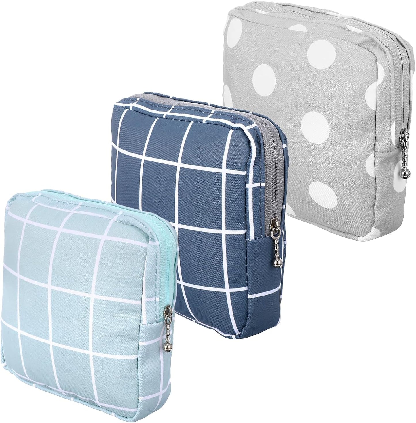 3PCS Pad Pouch for Women Period Bag Zippered Sanitary Storage Bag for Tampons, Pads, Menstrual Cup & Disc, Portable Feminine Hygiene Organizer, Tampon Holder Travel Pouch(Gray & Blue)