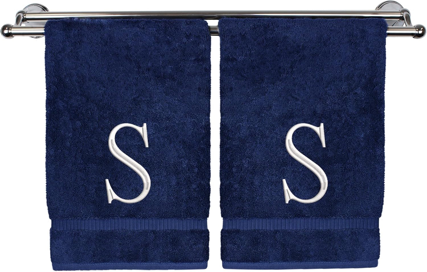 Monogrammed Hand Towel, Personalized Initial Gift, Extra Absorbent 100% Turkish Cotton - Soft Terry Finish - Set of 2 - White Block Initial S - Embroidered on Navy Blue Towels