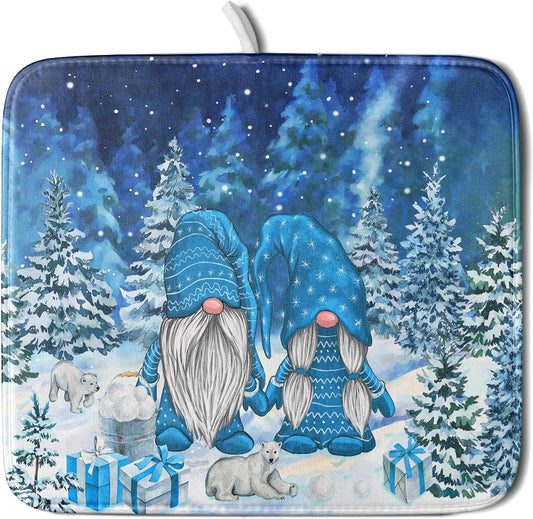 Winter Blue Gnome Dish Drying Mat for Kitchen Counter Pine Tree Microfiber Dish Pad Absorbent Reversible Fast Dry Draining Mats 16x18 Inch