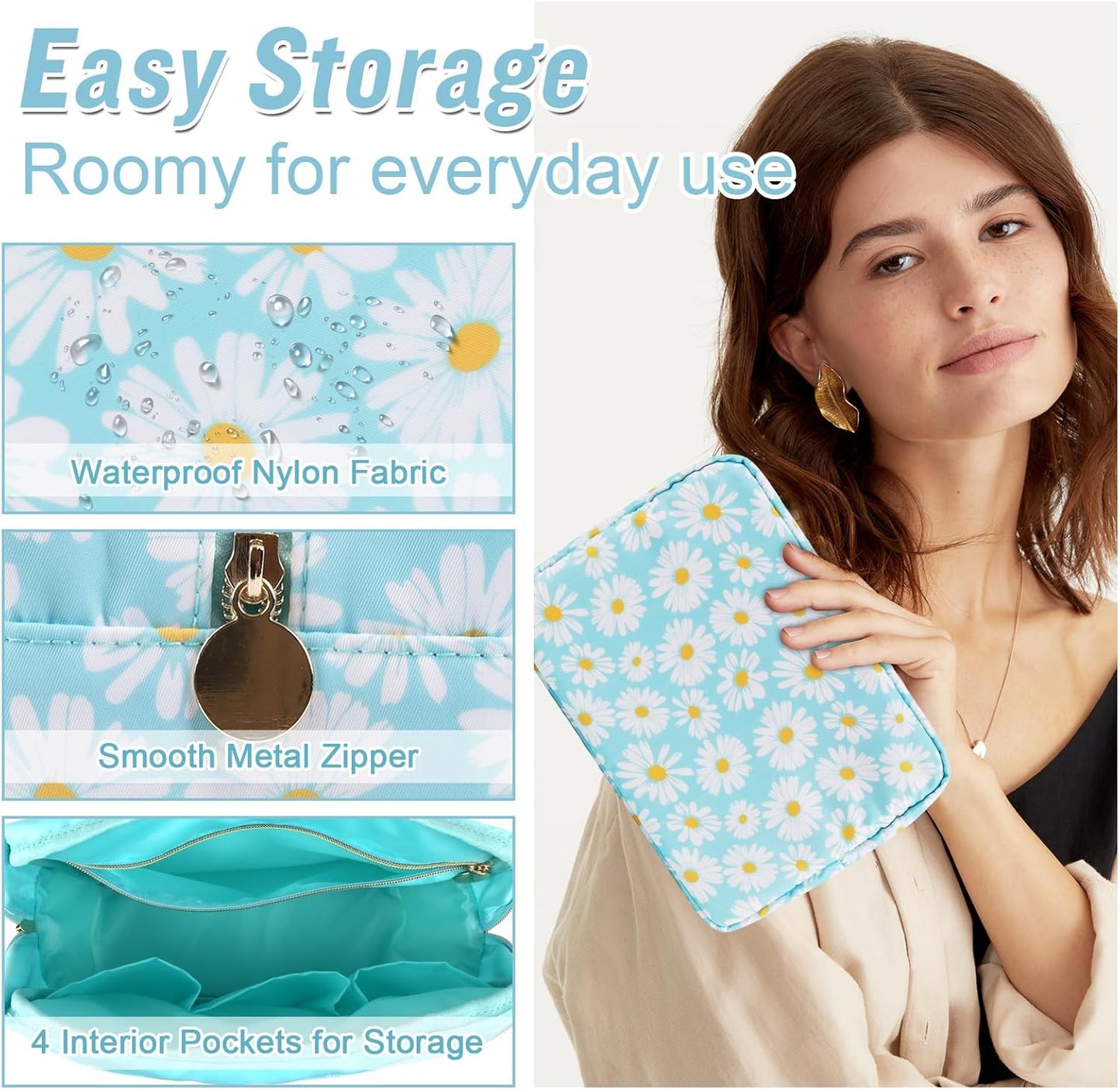 Nylon Large Floral Makeup Organizer Bag, Preppy Big Cute Flower Cosmetic Zipper Pouch Multi-compartment with Dividers, Waterproof Toiletry Make Up Brushes Bag Travel Essentials for Women(Blue-Daisy)