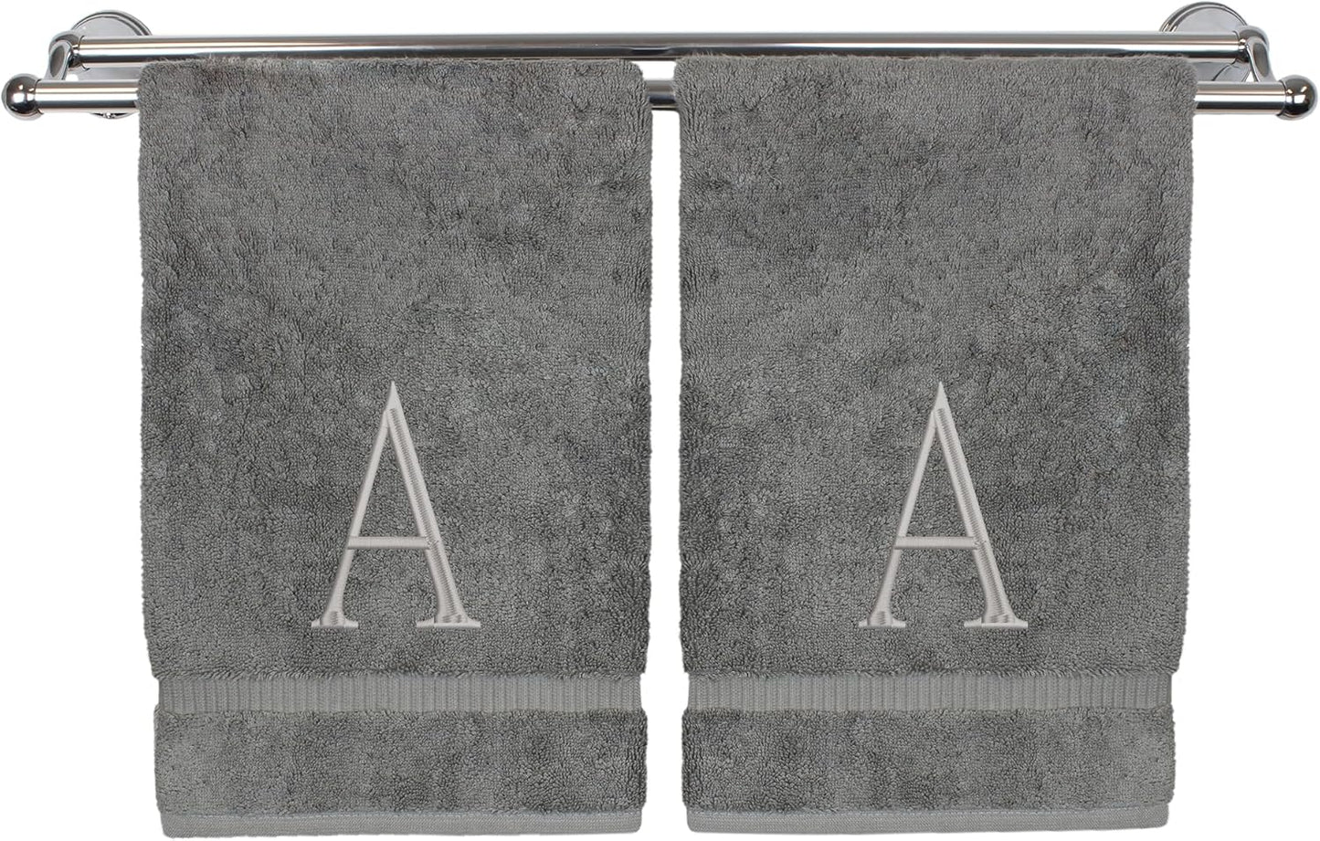 Monogrammed Hand Towel, Personalized Initial Gift, Extra Absorbent 100% Turkish Cotton - Soft Terry Finish - Set of 2 - Silver Block Initial A - Embroidered on Grey Towels