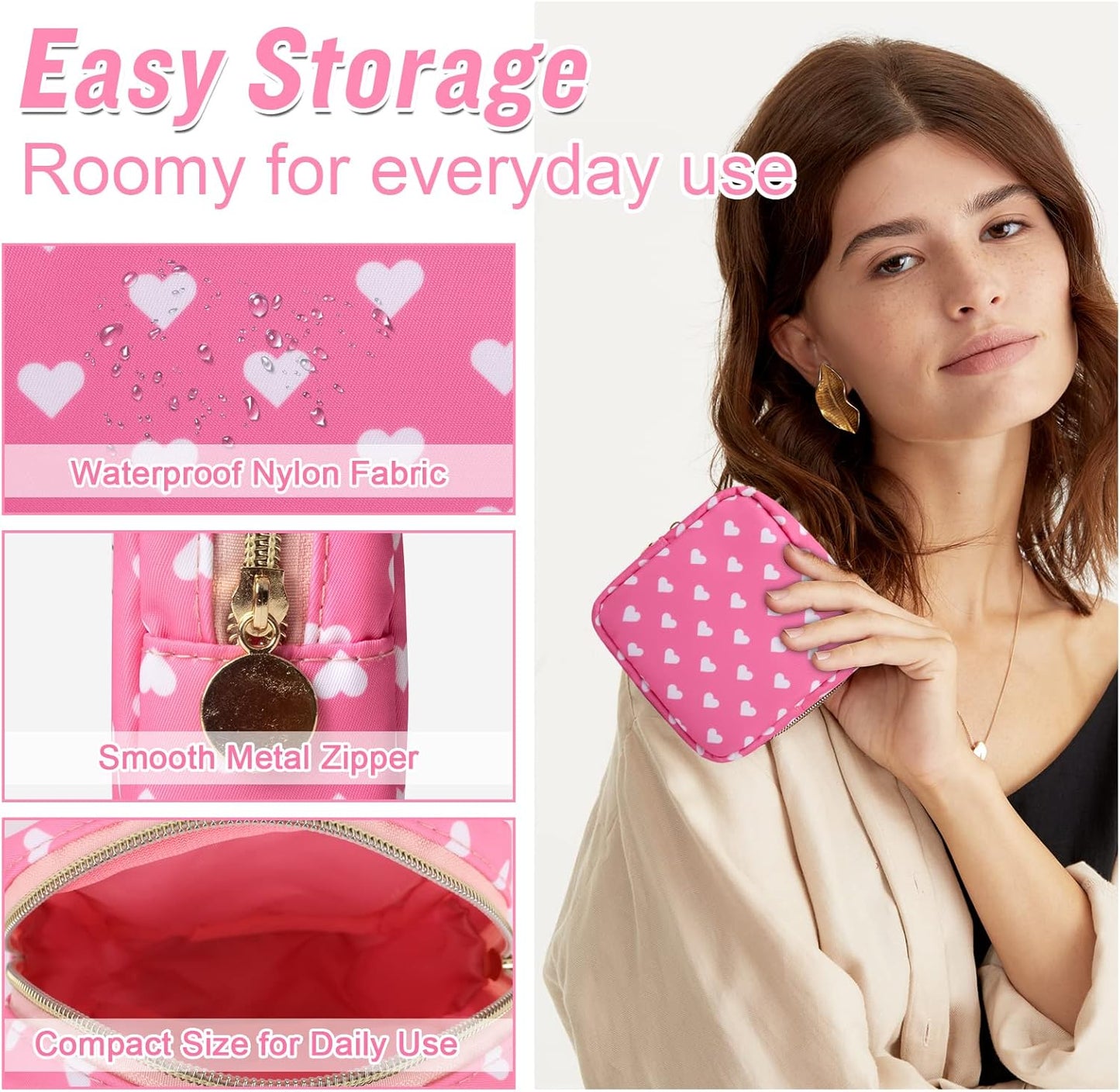 Nylon Mini Makeup Bag for Purse - Small Cute Cosmetic Zipper Pouch - Waterproof Travel Coin Pouch - Sanitary Napkin Storage - Make Up Organizer for Women & Girls (Pink Heart)