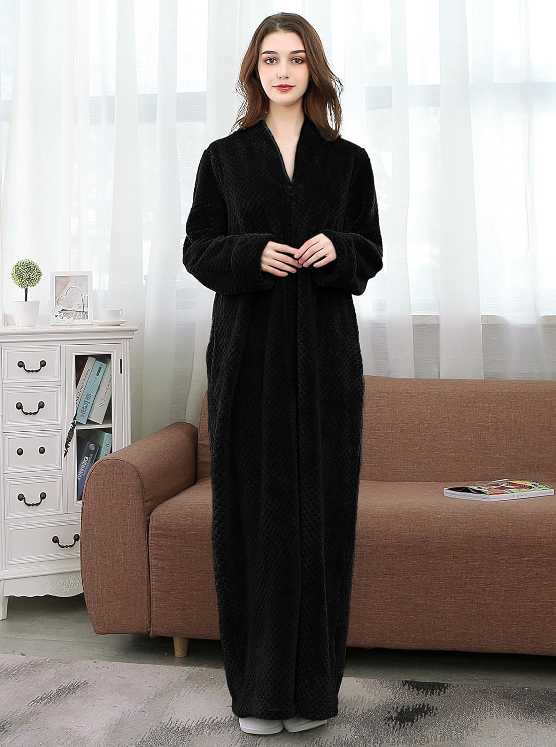 Artfasion Womens Fleece Robe Plush Long Zip Front Bathrobe with Pockets Warm Soft Zippered Bathrobes for Women