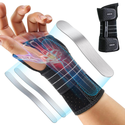 Carpal Tunnel Wrist Brace, Adjustable Night Wrist Support with 3 Metal Splints, Hand Brace for Men Women No Pressure on Thumb, Splint Stabilizer for Work, Gray Left Hand, Size L