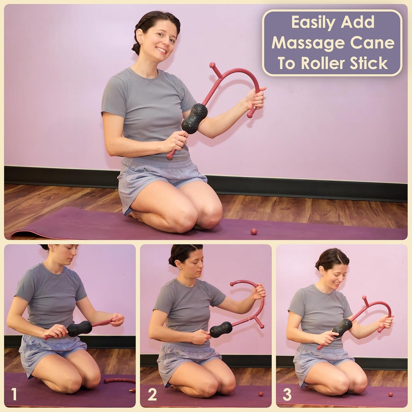 Roller Cane Massager | 2-in-1 Massage Roller Stick & Trigger Point Cane | Rubber Ball for Deep Tissue, Myofascial Release & Muscle Recovery (Red)