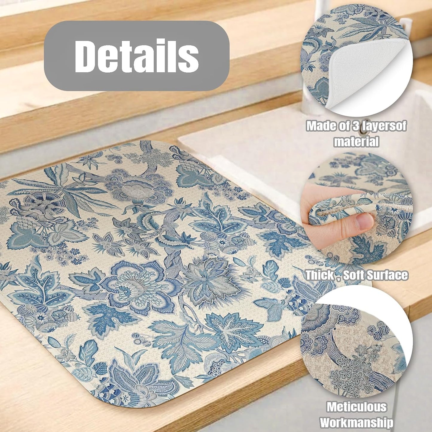 Dish Drying Mat for Kitchen Counter Large 18" x 24" Retro Blue Flower Absorbent Microfiber Dishes Drainer Rack Mats Pad Reusable Washable