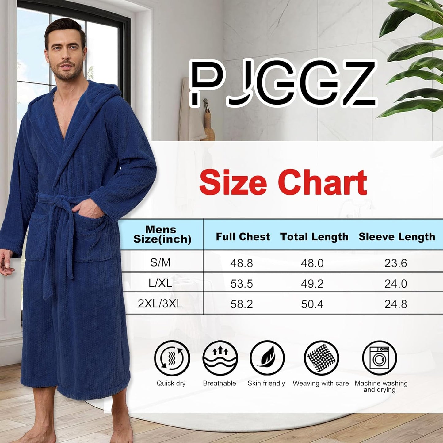 Men's Bathrobes with Hood, Soft Long Towel Robe for Men - Super Absorbent Quick Dry yet Warm