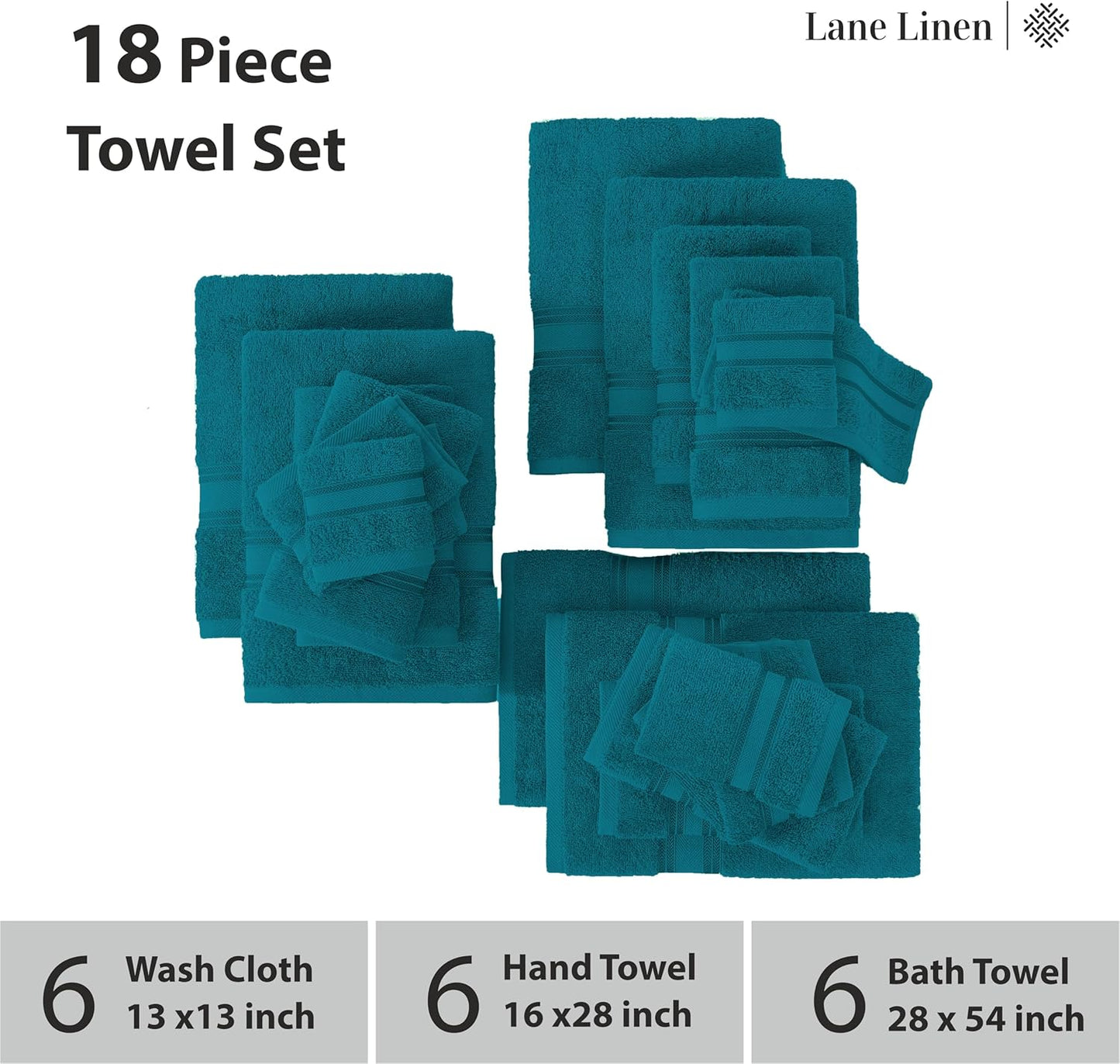 Lane Linen 100% Cotton Luxury Bathroom Towel Set - 18 Pcs - Zero Twist, Quick Dry, Super Soft & Highly Absorbent - 6 Bath Towels, 6 Washcloths, 6 Hand Towels - Tumble Dry regains Fluffiness - Sea Port