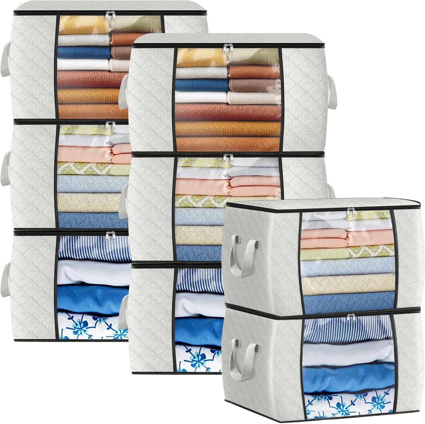 Fab totes 24 Gallons Clothes Storage, Foldable Thick Fabric Blanket Storage Bags, Containers for Organizing Bedroom, Closet, Clothing, Comforter, Organization with Handle (8 Pack,Ivory)