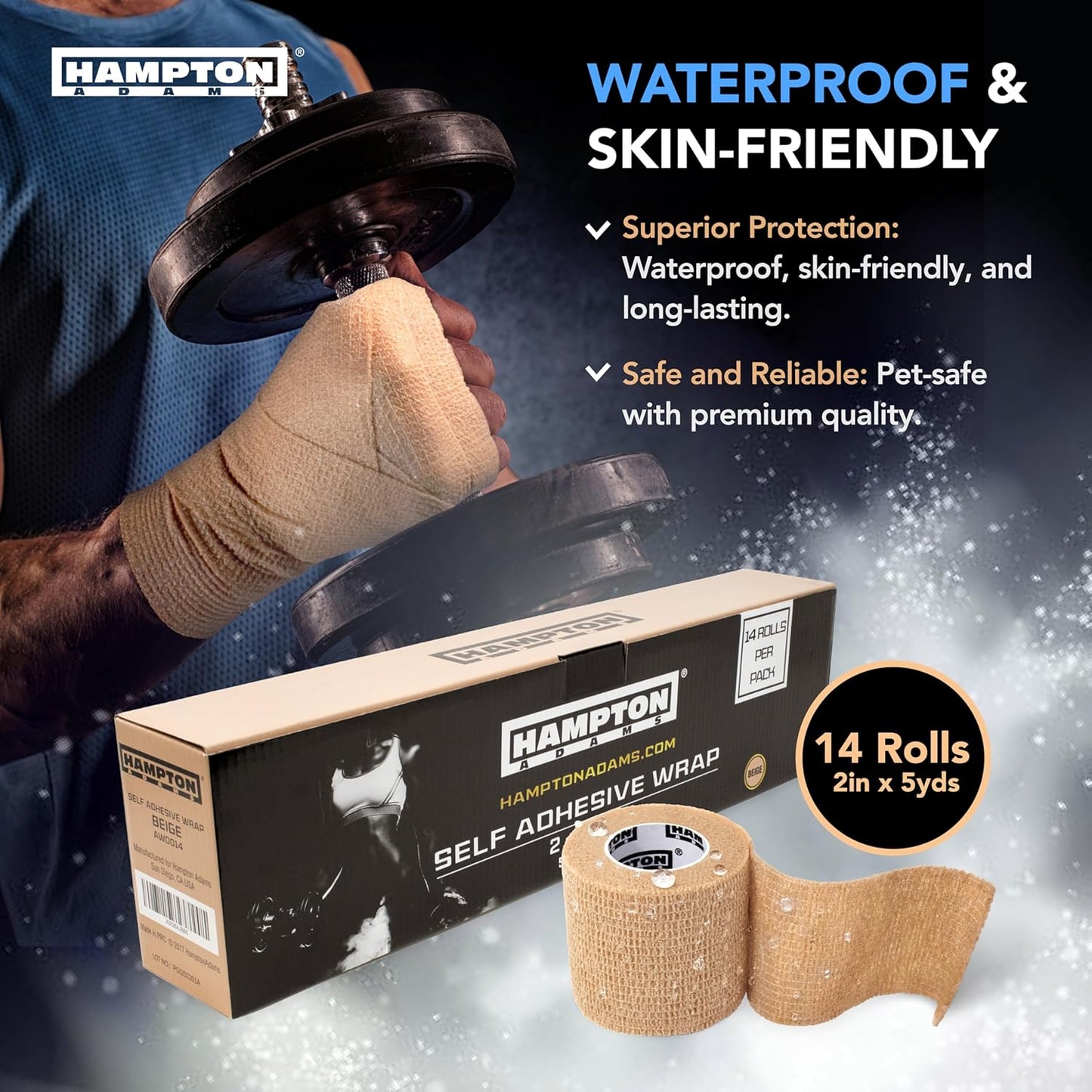 Hampton Adams | As Seen on Shark Tank | Self Adhesive Bandage Wrap (14-Pack) | 15ft | Pet Safe | Breathable Athletic Elastic Cohesive Bandage for Sports Injury Ankle Knee Wrist sprains (Beige)