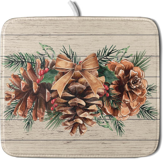 Winter Pine Cone Dish Drying Mat Holly Berries Dish Draining Mat Microfiber Washable Dish Drainer Rack Mat for Home Kitchen Counter 16"x18"