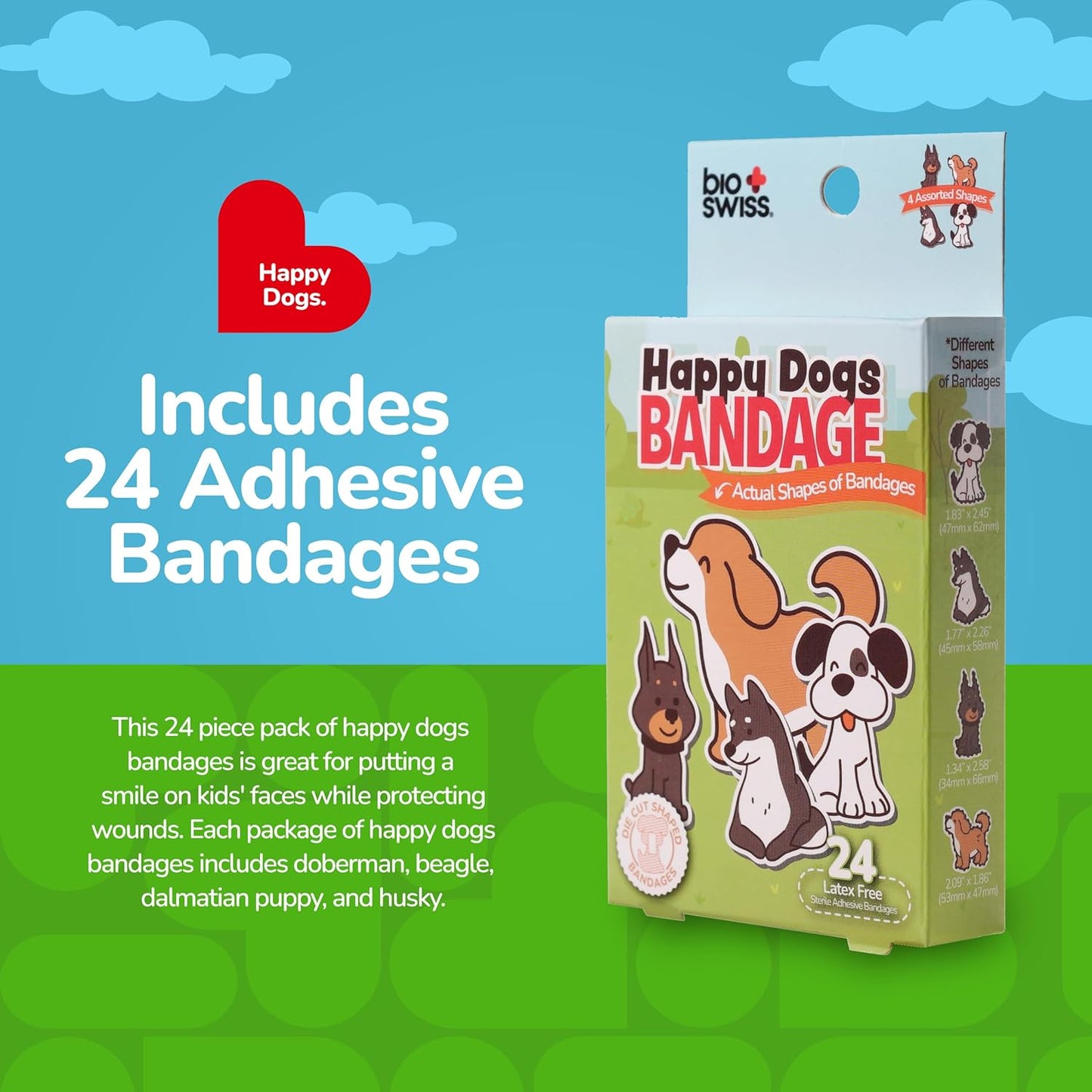 BioSwiss Kids Bandages, Dog Shaped Self Adhesive Bandage Set, Latex Free, Sterile Wound Care, 24 Count