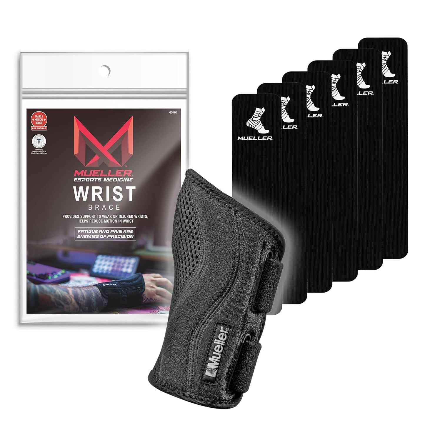 MUELLER Esports Medicine Fitted Wrist Brace for Men and Women, Wrist Pain Relief Support, 6 KTape Strips Included, Ideal for Gamer's, Carpal Tunnel, Tendonitis, Arthritis, Left Hand, Black, One Size