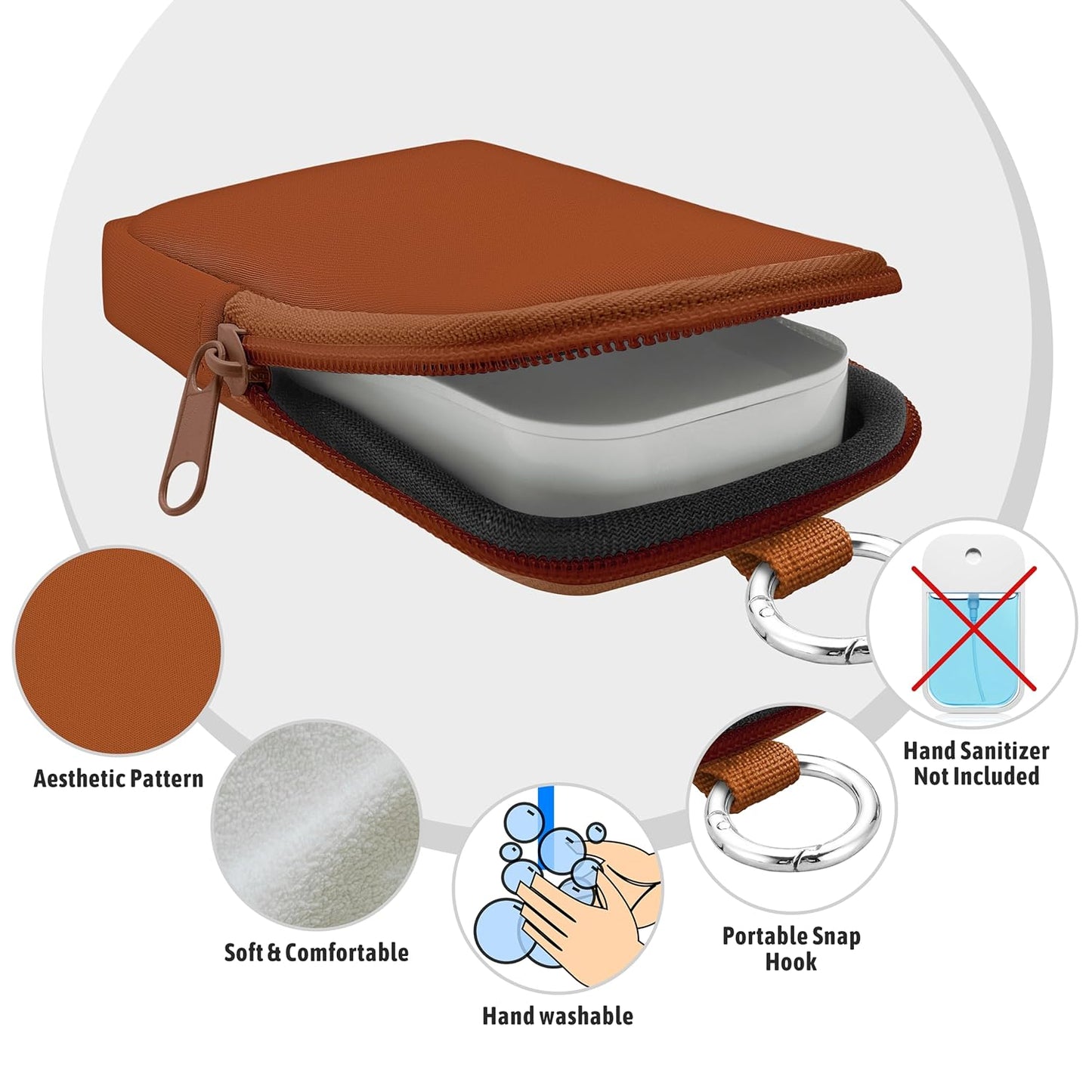 Hand Sanitizer Spray Case, Hand Sanitizer Holder Zippered Pouch, Cute Fashion Accessory with Snap Hook for Glow Mist and Power Mist 1FL OZ, Caramel
