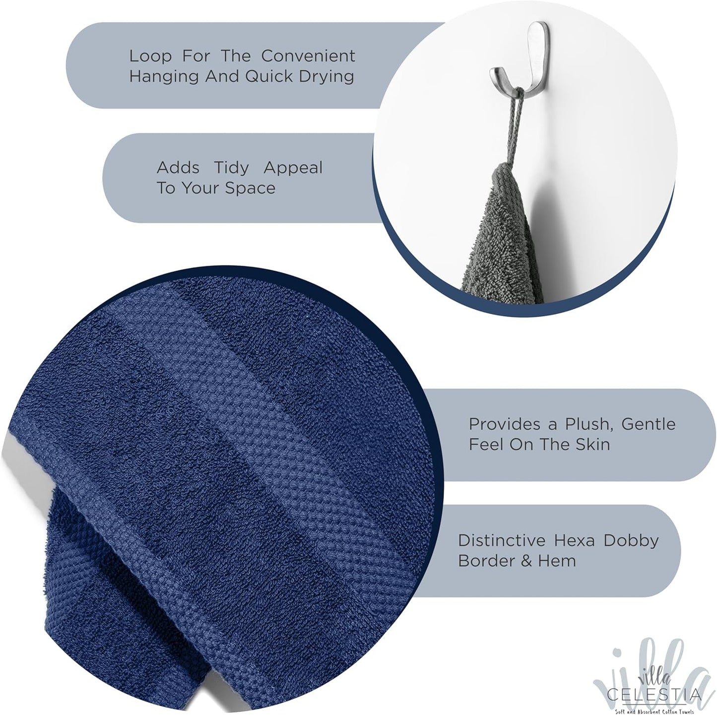 100% Combed Cotton Bathroom Towel Set of 10- 2 Bath Towels, 4 Hand Towels, 4 Wash Cloths, Sustainable, Soft, Highly Absorbent 10 Piece Cotton Bath Towel Set for Hotels, Spa, Bathroom, Dorm, Navy Blue