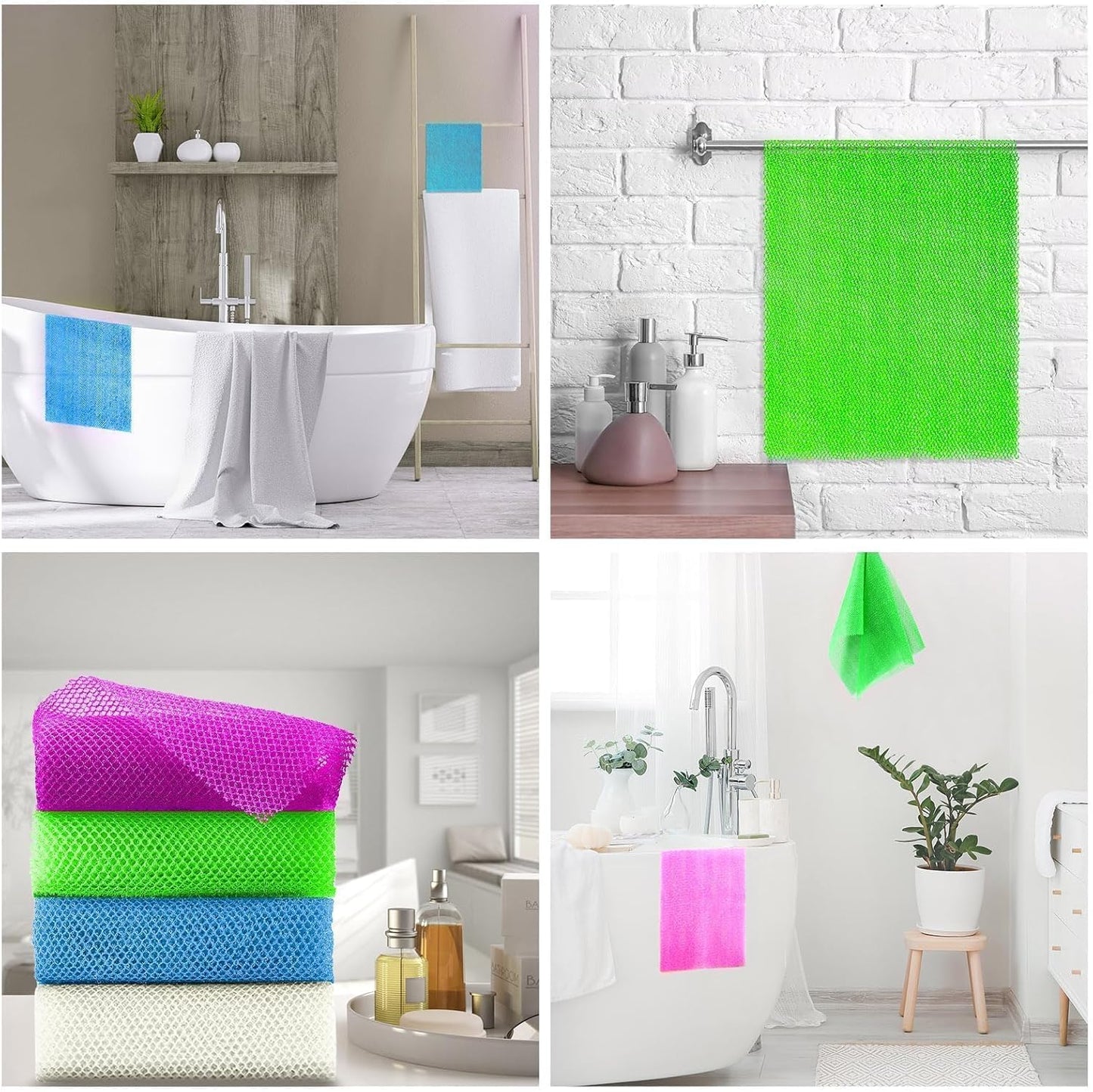 UJFQBH 4 Pieces African exfoliating net African Net Long Net Bath Sponge Exfoliating Shower Body Scrubber Back Scrubber Skin Smoother,Great for Daily Use (Purple, Blue, Green, White)