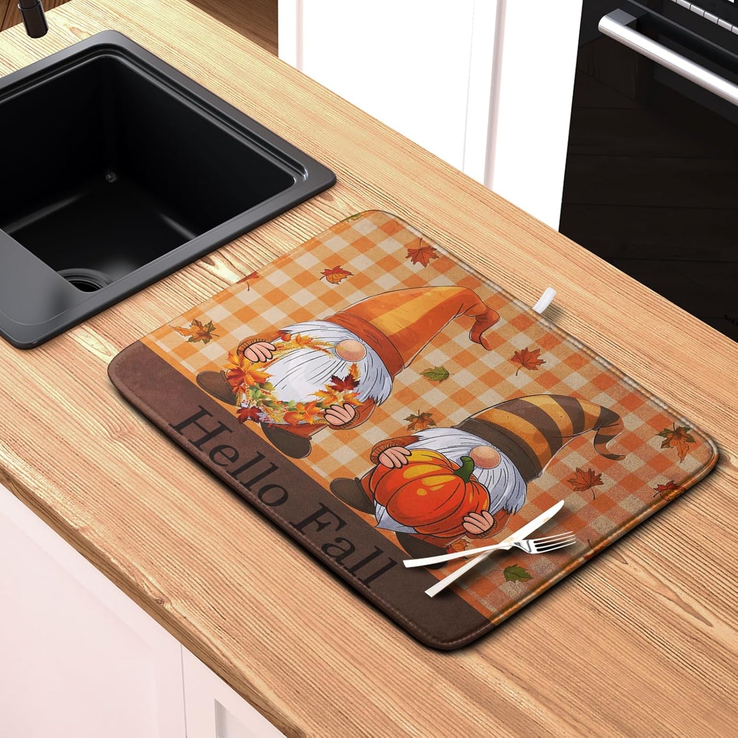 Hello Fall Autumn Gnomes Dish Drying Mat 16x18 Thanksgiving Pumpkin Maple Leaves Harvest Kitchen Drying Mat Orange White Buffalo Plaid Dish Drainer Mat Ultra Absorbent Dish Rack Pad for Coffee Bar