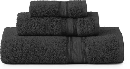 LANE LINEN Luxury Towels Set - 3 Piece Set, 100% Cotton Bathroom Towels, Zero Twist, Quick Dry Shower Towels, Absorbent Bath Towel, Super Soft, 1 Bath Towel, 1 Hand Towel, 1 Wash Cloths - Black
