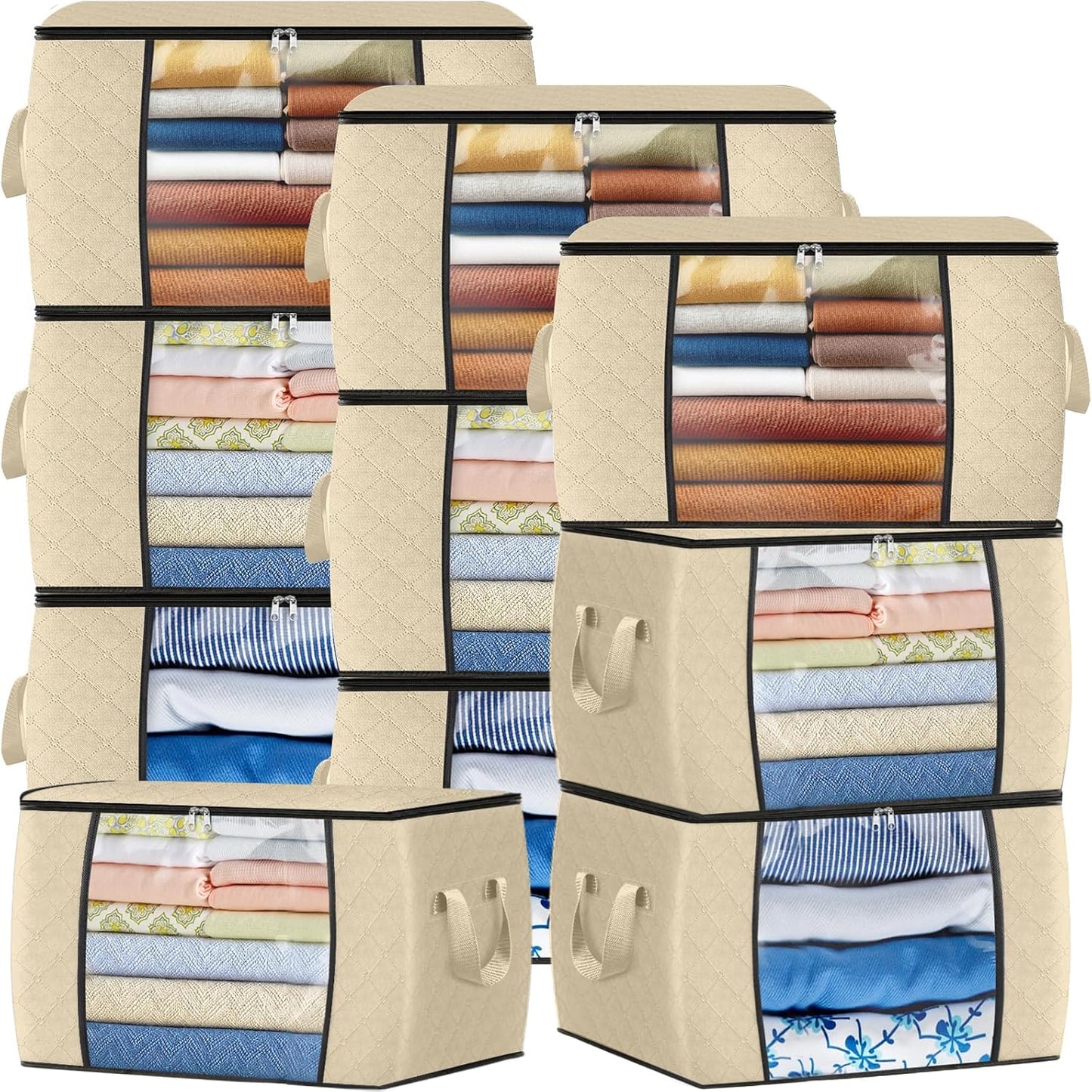 Fab totes 24 Gallons Clothes Storage, Foldable Thick Fabric Blanket Storage Bags, Containers for Organizing Bedroom, Closet, Clothing, Comforter, Organization with Handle (10 Pack,Beige)