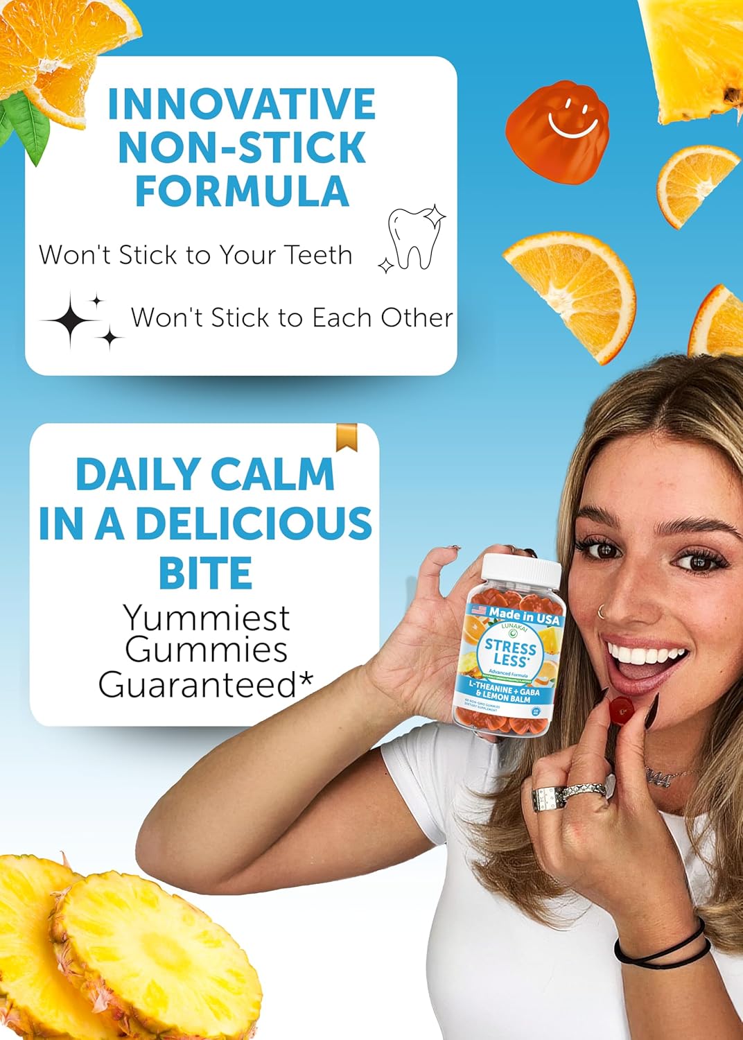 Lunakai USA Made Calm & Stress Relief Gummies – Delicious GABA + L-Theanine Calming Supplement for Adults & Kids – Natural Stress Support, 60ct