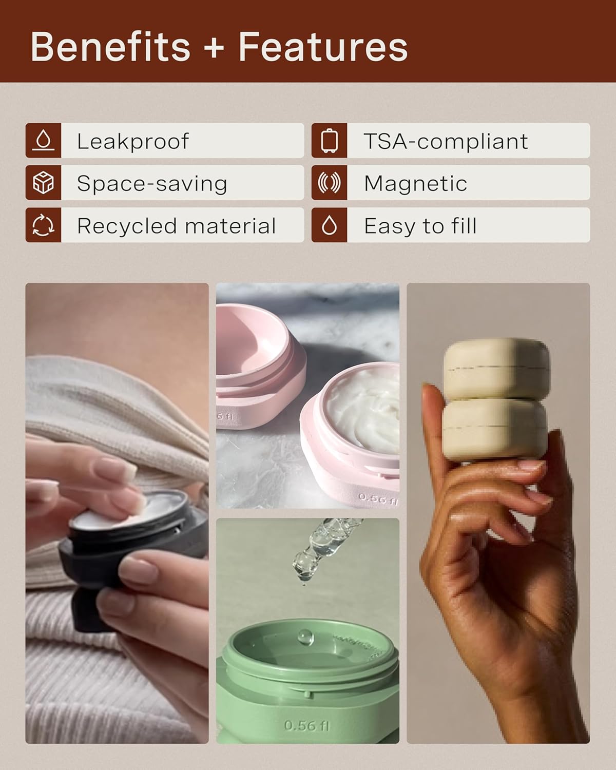 Cadence Travel Containers Basic Skincare Set - Magnetic Containers with Lids,Carry On Travel Essentials For Women/Men - 3 Small Capsules (0.56oz) - Cleanser, Moisturizer & Sun-Icon Labels - Sand