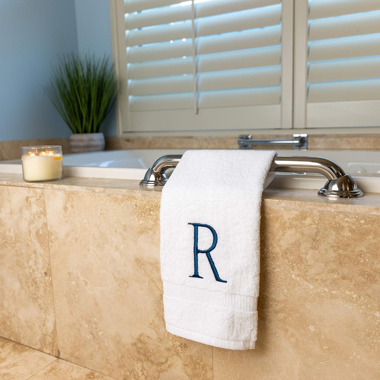 Monogrammed Hand Towels for Bathroom - Luxury Hotel Quality Personalized Initial Decorative Embroidered Bath Towel for Powder Room, Spa - GOTS Organic Certified - Set of 2 Navy Letter R