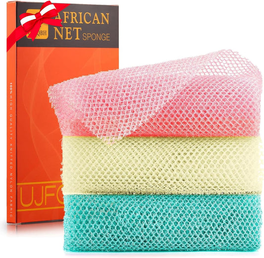 UJFQBH 3 Pieces African Net Sponge, African exfoliating net African Net Long Net Bath Sponge Exfoliating Shower Body Scrubber Back Scrubber Skin Smoother（Pink, Green, Off-White）